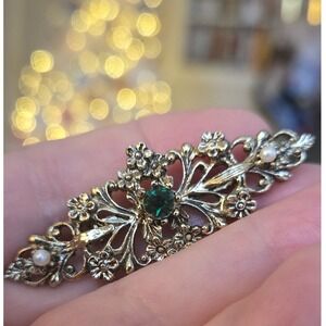 GERRY's Green Rhinestone Faux Pearl Bar Brooch Vintage Stunning!